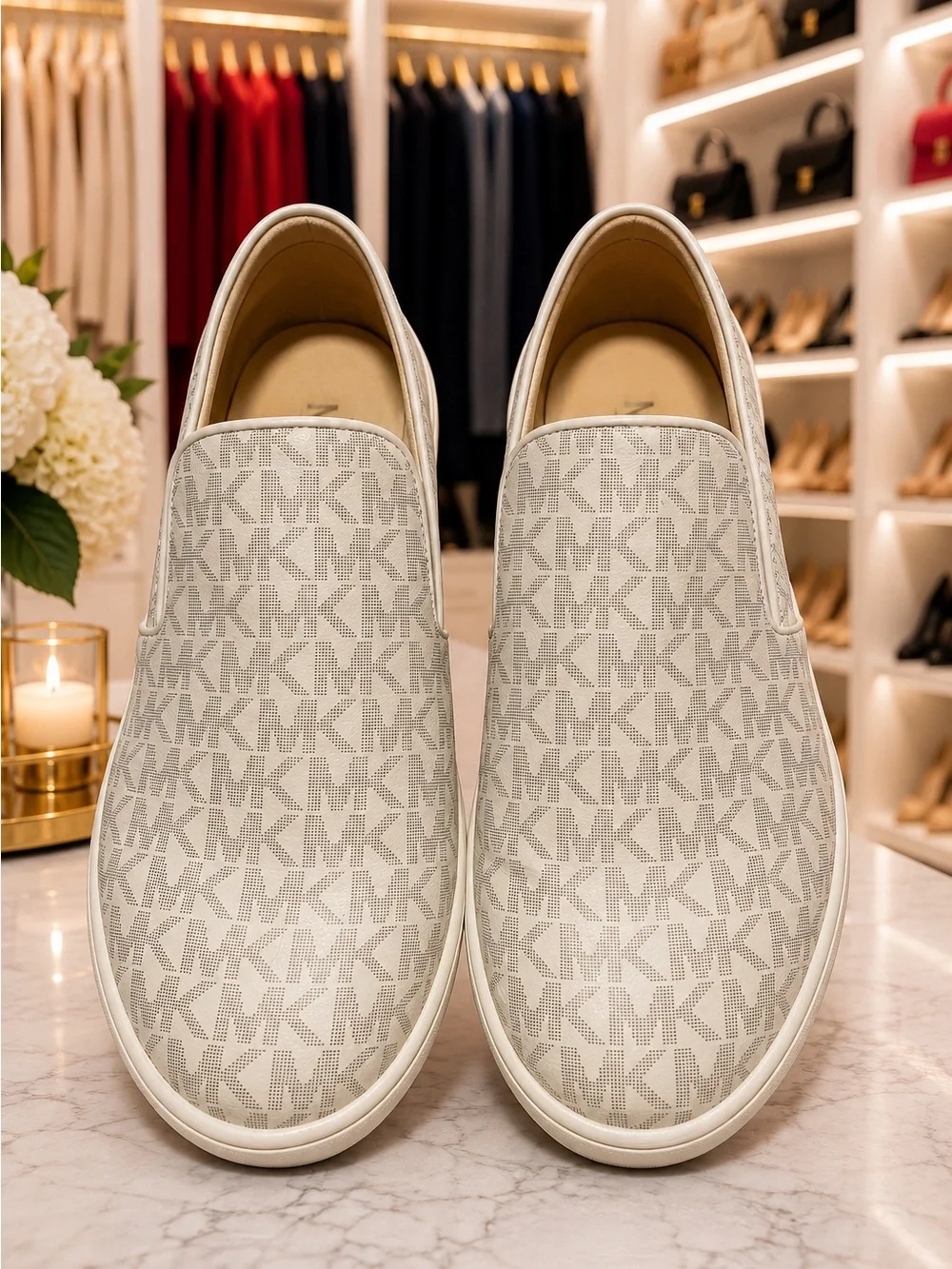 Michael Kors Men's Slip-On Loafers in Light Beige MK Logo